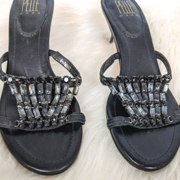 Pelle Moda Black Leather Beaded Kitten Heel Slides 7 y2k Club Special Occasion - Picture 3 of 8